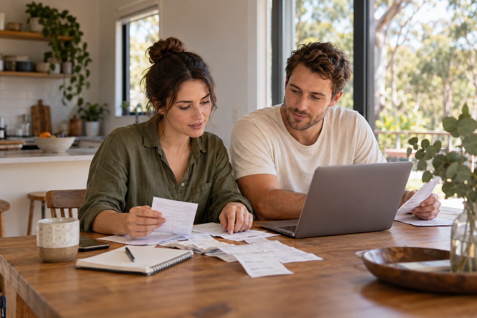 Illustrative scene of a couple reviewing receipts and a laptop at their kitchen table