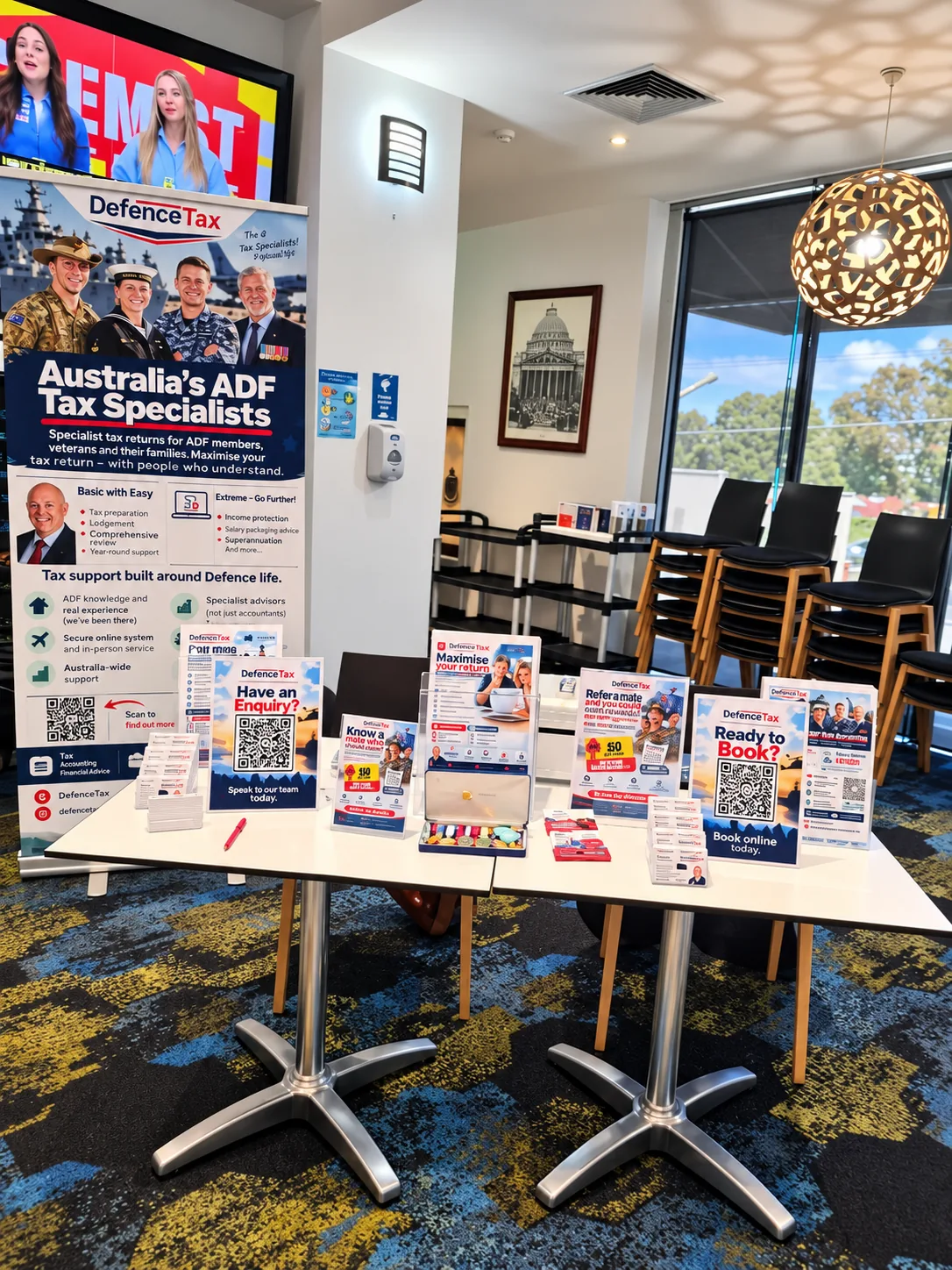 The DefenceTax information stand with banners, brochures and event materials