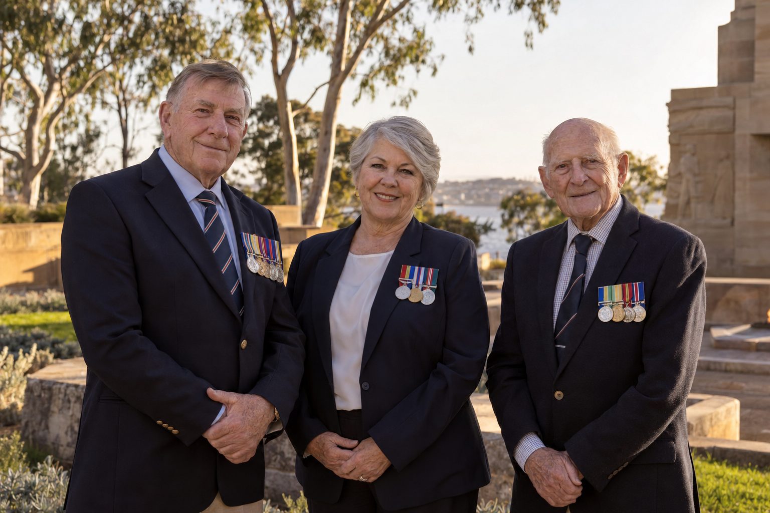 Three older Australian veterans wearing service medals at a war memorial garden