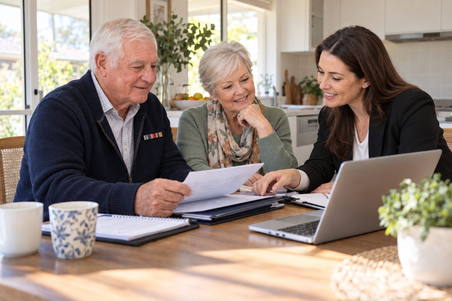 An older veteran couple reviewing their payment statements with an accountant at home