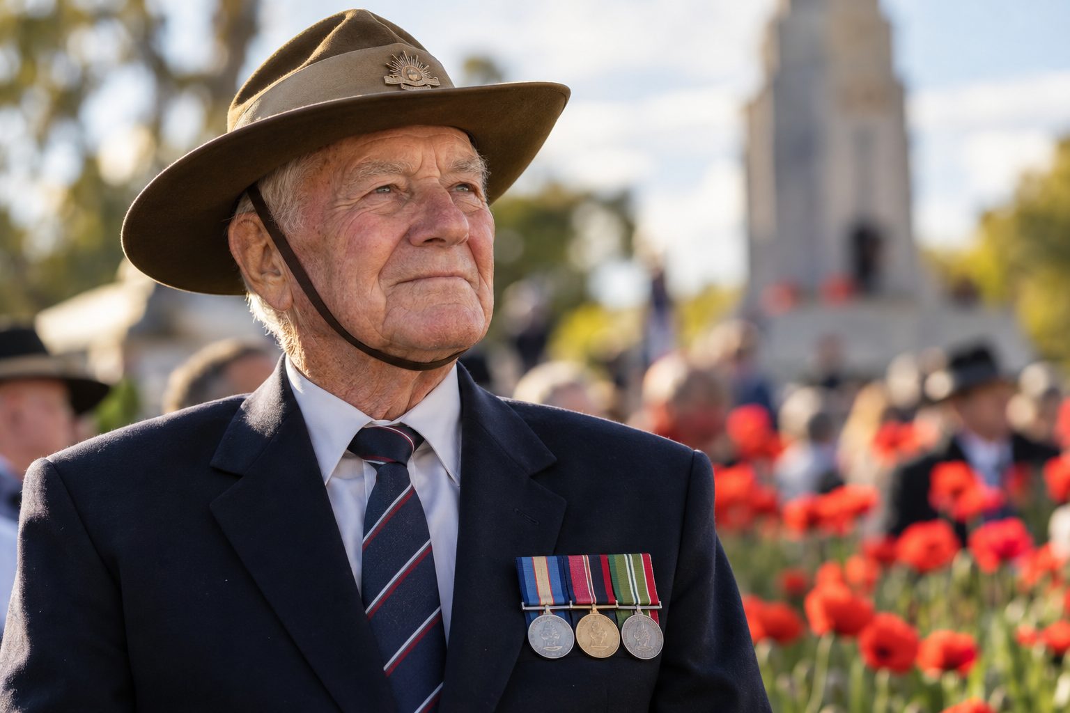 A retired Army veteran in a slouch hat and medals at a commemoration service