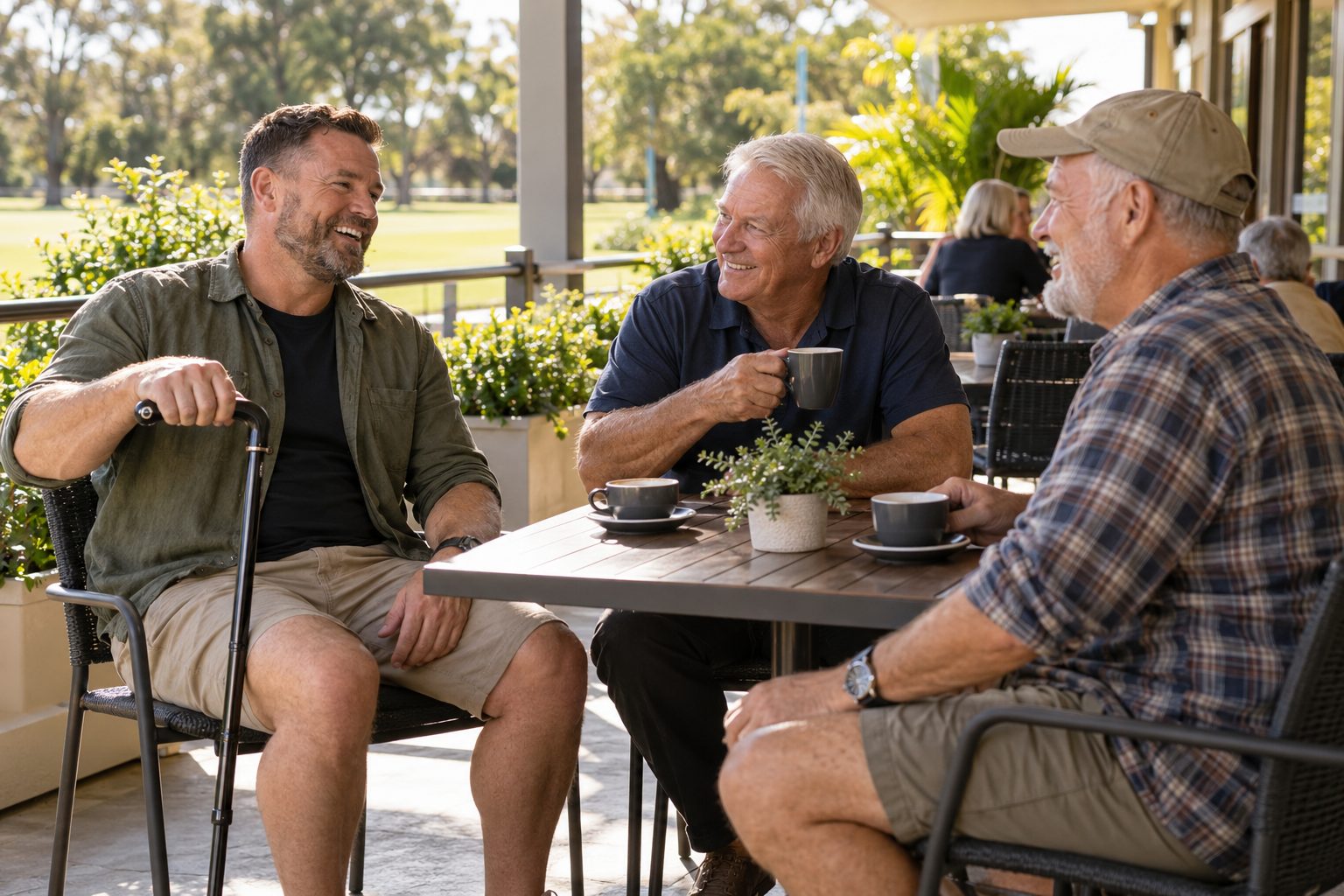 Veterans sharing coffee and a laugh on an RSL club veranda