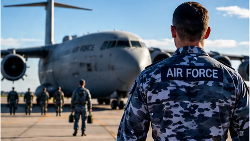Air Force personnel approaching a military transport aircraft
