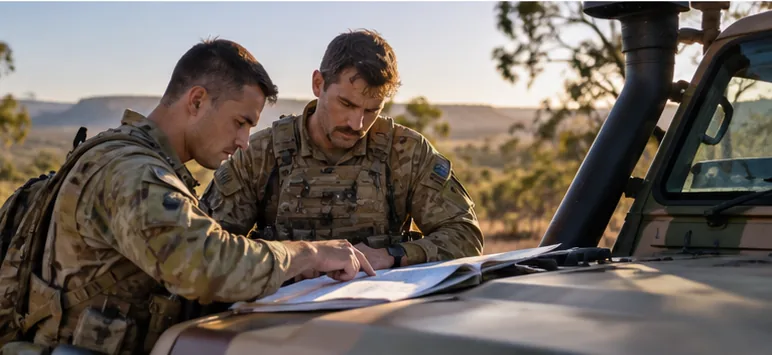 Army member reviewing work travel records and documents