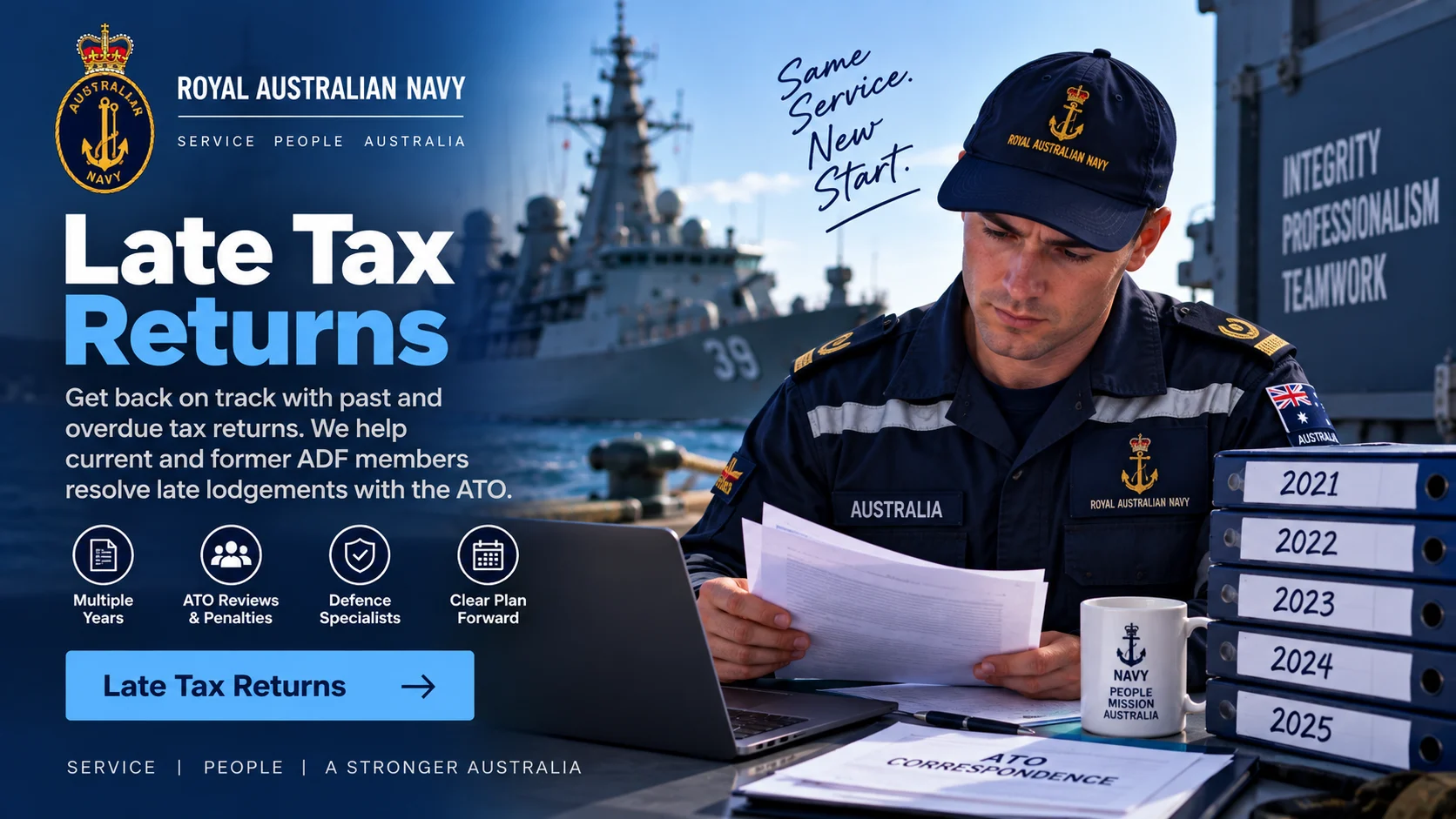Organised folders for several overdue Defence tax years