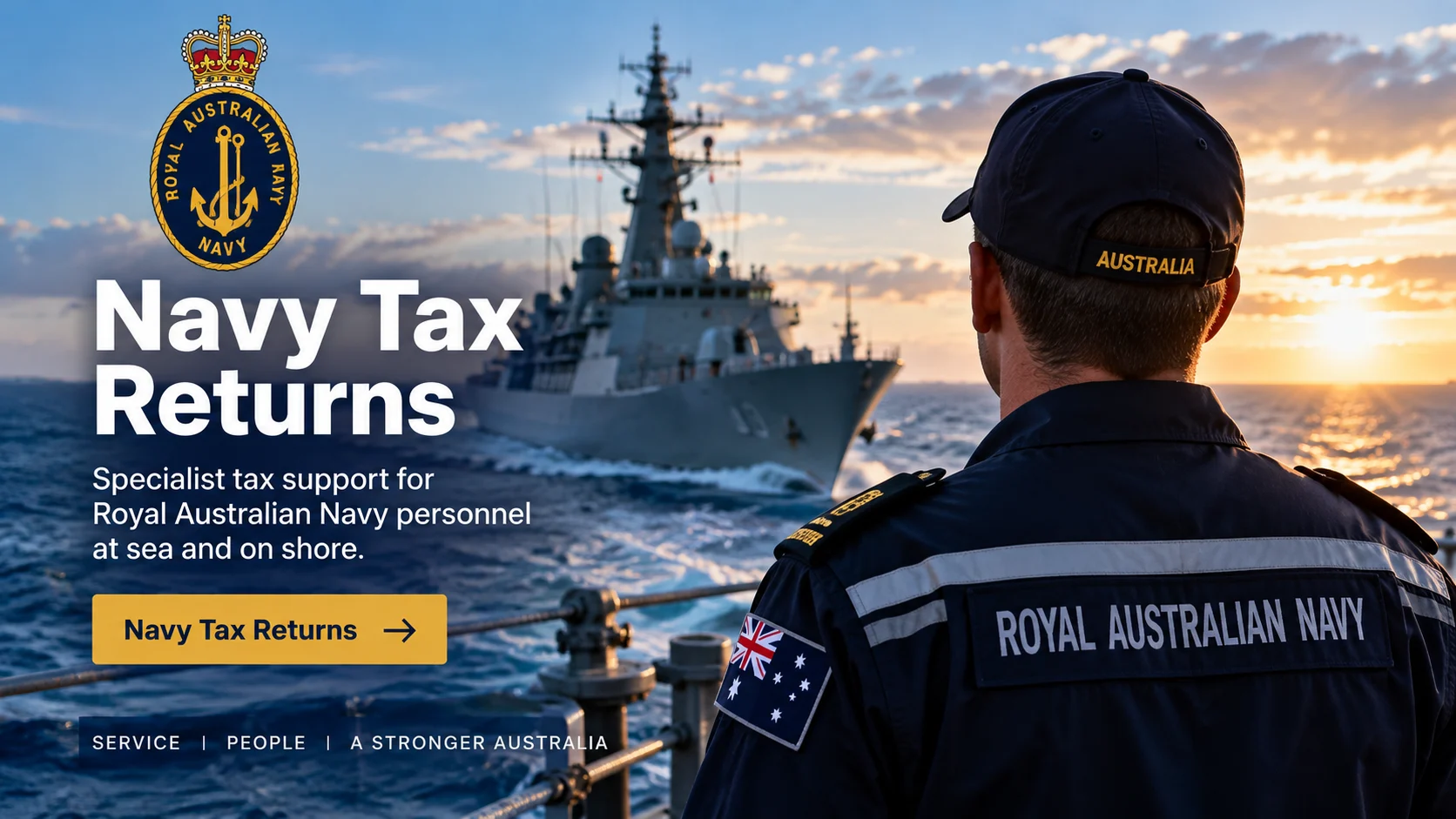 Navy member overlooking a ship at sea