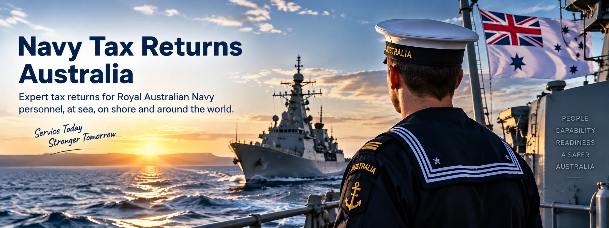 Royal Australian Navy sailor looking across the water toward a naval ship